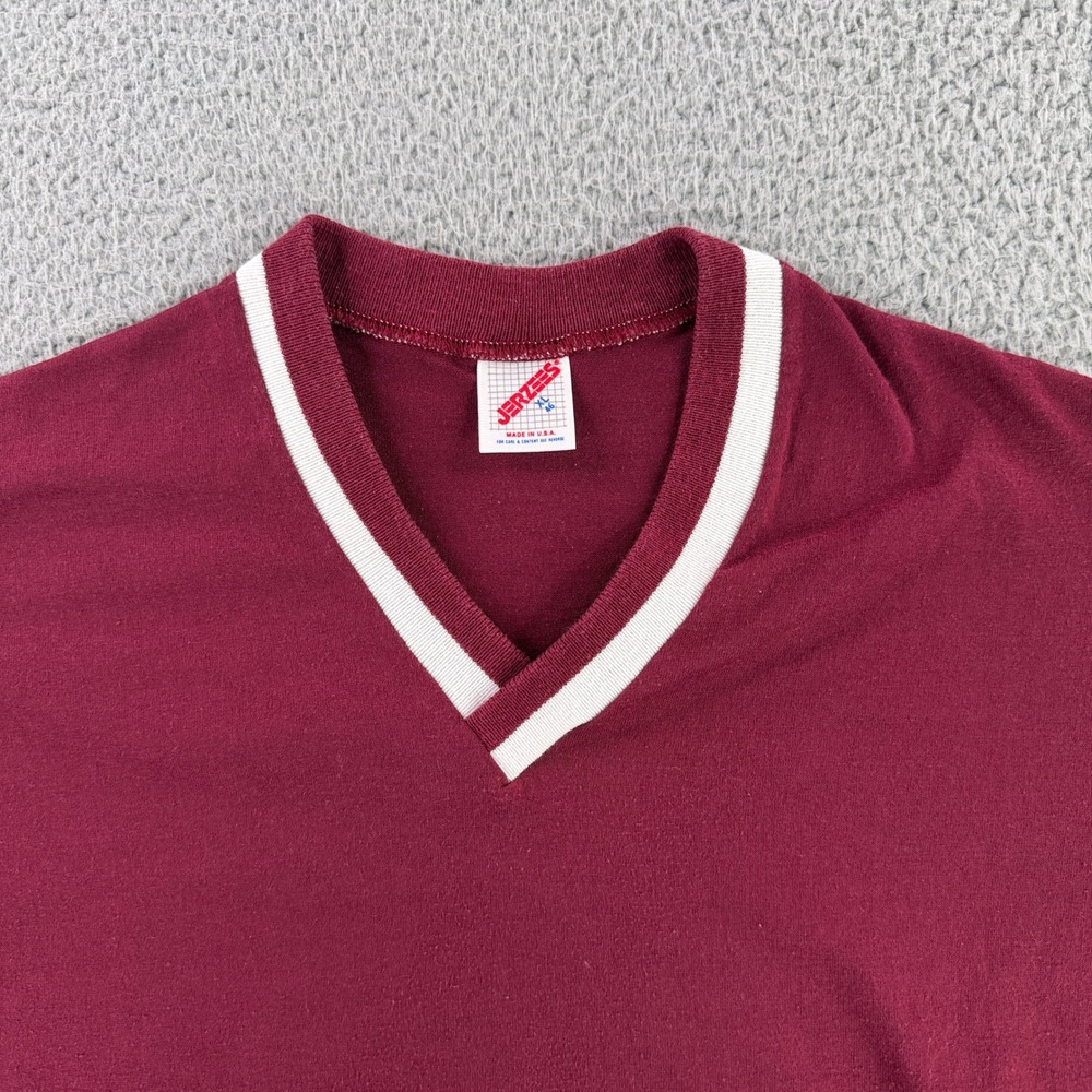 Jerzees Ringer T-Shirt Men XL Maroon Vintage 80s V-Neck Short Sleeve USA Made